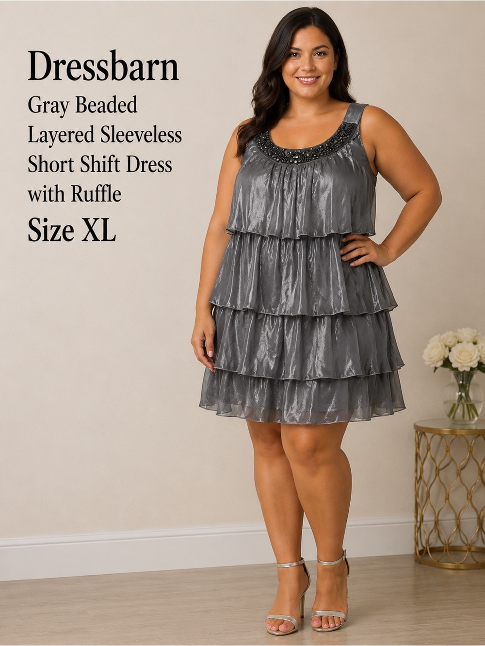 Dress Barn Silver-Charcoal Tiered Ruffle Mini Dress with Beaded Neckline
